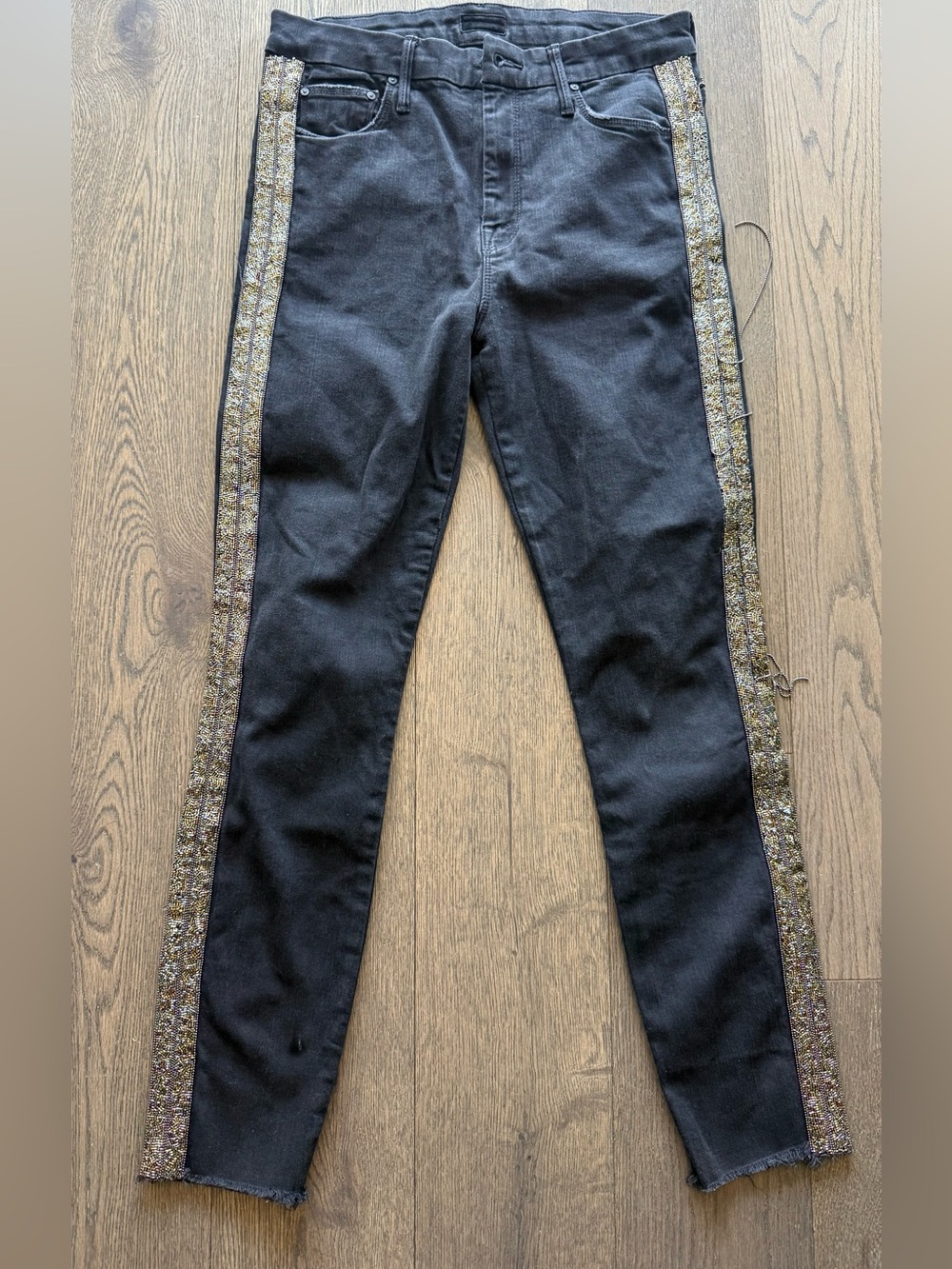 MOTHER Black Guilty Flash Jeans with Tuxedo Sequin Beaded Stripe